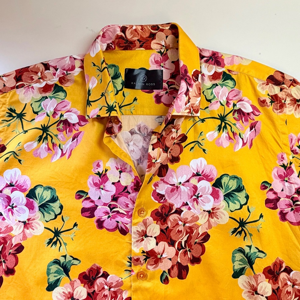 Kalmin Ross Shirt SZ L Mens Yellow Floral  Bold Artsy Button Long Sleeve Cotton